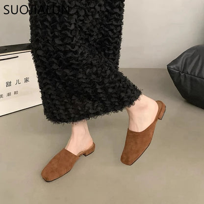Women's Slip-On Mule Flats – Square Toe Suede Backless Shoes