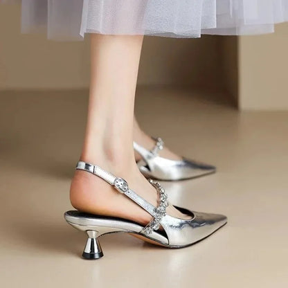 Women's Rhinestone Buckle Pointed Toe Heels – Metallic Slingback Sandals