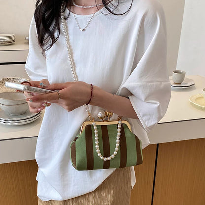 Pearl Chain Kisslock Handbag – Striped Fabric Evening Bag