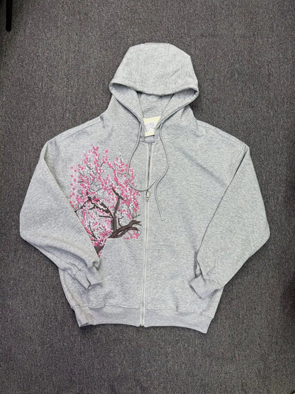 Harajuku Cherry Blossom Zipper Hoodie Jacket – Women's Street Style