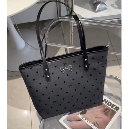 Sweet Cool Black Tote Bag Women College Style Trendy Bow Print