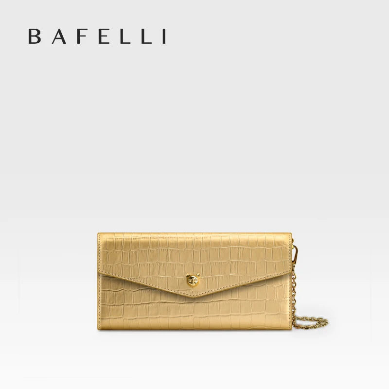Leather Chain Wallet Bag – Long Envelope Clutch with Cat Clasp