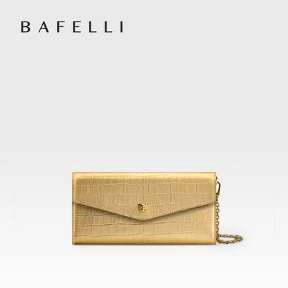 Leather Chain Wallet Bag – Long Envelope Clutch with Cat Clasp