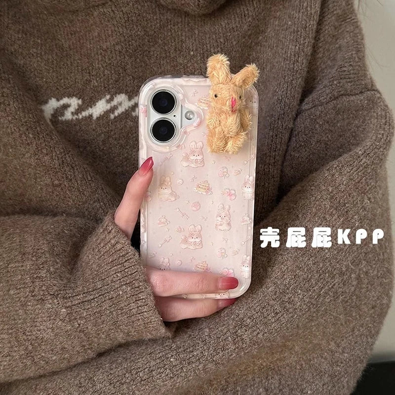Cute 3D Plush Rabbit iPhone Case – Transparent Floral Cartoon Cover