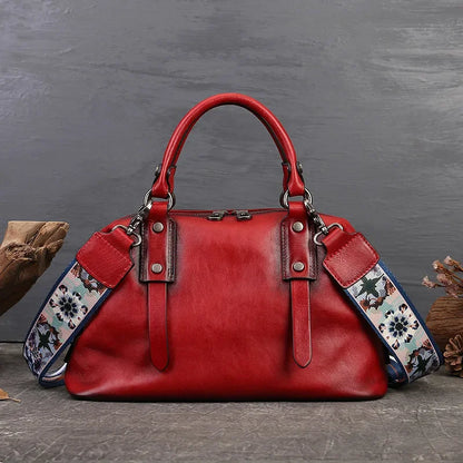 Genuine Leather Boston Bag – Women's Designer Shoulder Handbag with Wide Strap