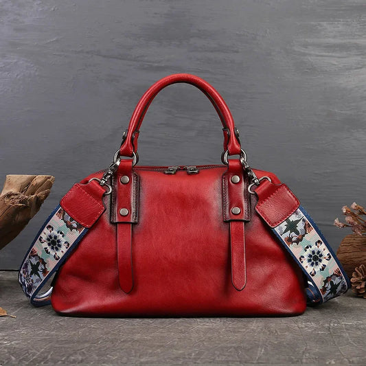 Genuine Leather Boston Bag – Women's Designer Shoulder Handbag with Wide Strap