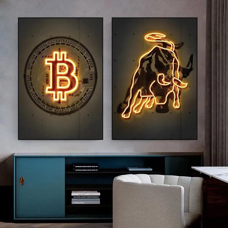 Neon Bull Canvas Wall Art Poster – Crypto Bitcoin Decor