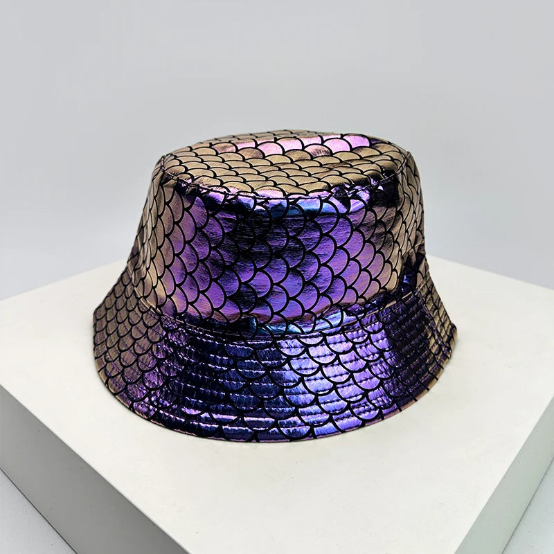Holographic PU Leather Bucket Hat – Reflective Unisex Fisherman Cap