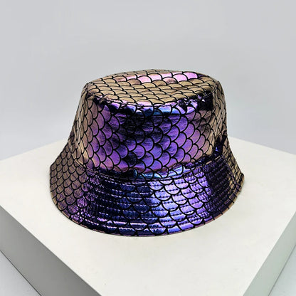 Holographic PU Leather Bucket Hat – Reflective Unisex Fisherman Cap