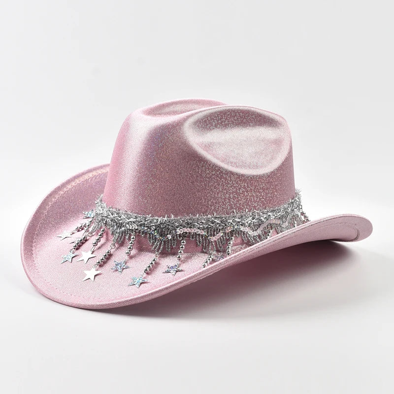 Sequin Cowgirl Hat with Rhinestone Star Fringe – Women's Festival & Party Hat