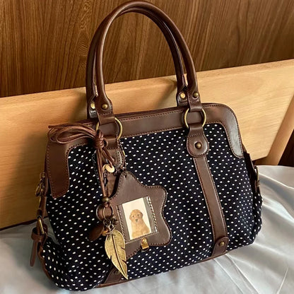 Vintage Polka Dot Tote Bag Women Preppy Style Large Capacity Handbag