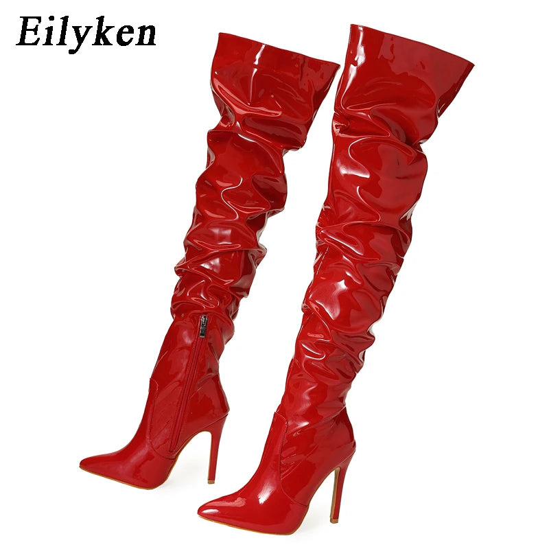 Over-the-Knee Stiletto Boots – Patent Leather Pointed Toe Side Zipper