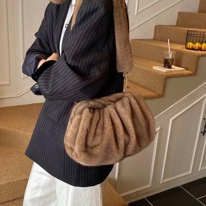 Winter Mink Fur Wrinkle Shoulder Crossbody Bags