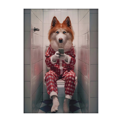 Funny Dog Bathroom Poster – Dog Reading Newspaper on Toilet Wall Art