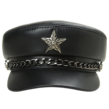 Real Leather Military Hat – Unisex Retro Motorcycle Cap with Chain