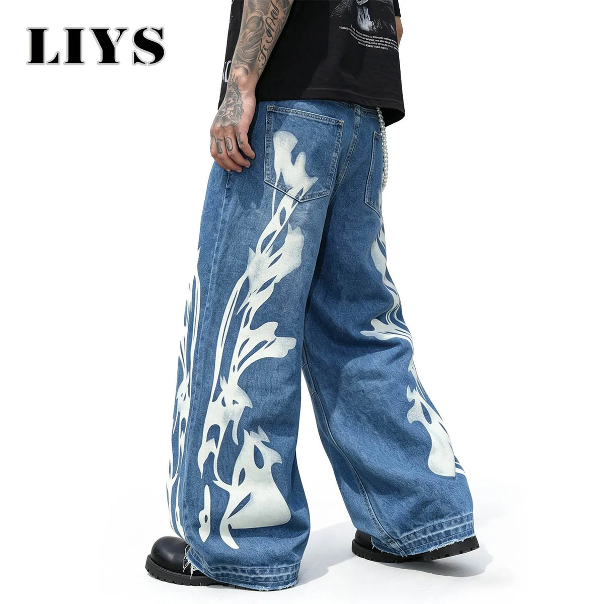 Men's Flame Print Wide Leg Jeans – Retro Streetwear Denim