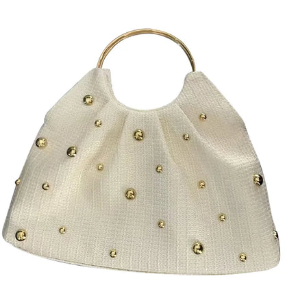 Boho Beaded Straw Handbag Elegant Circle Handle Clutch