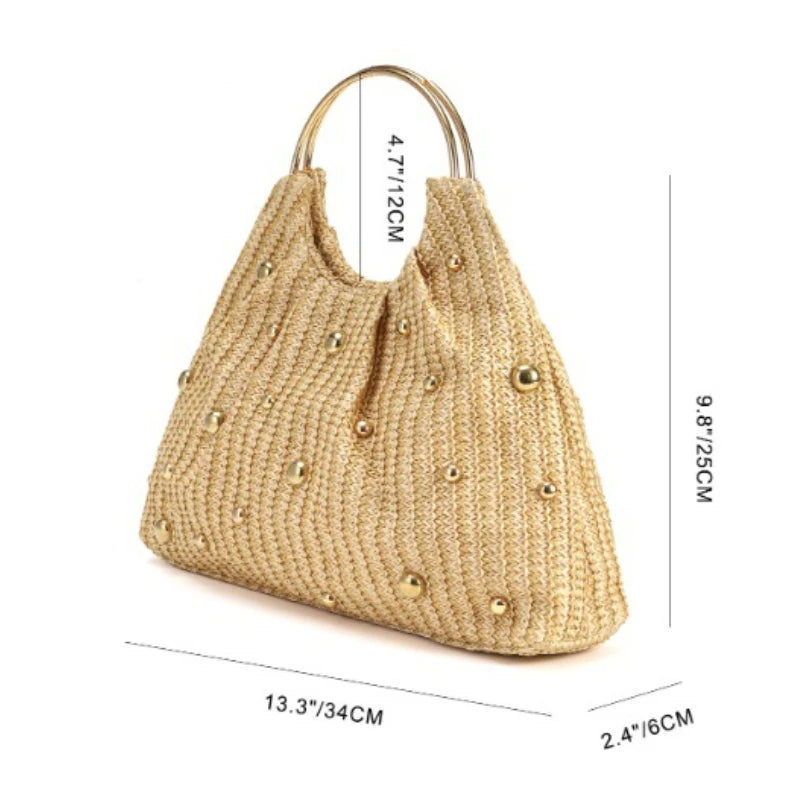 Boho Beaded Straw Handbag Elegant Circle Handle Clutch