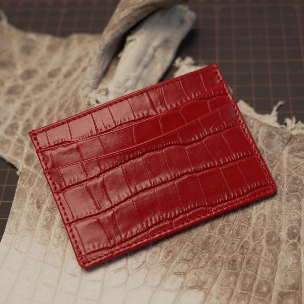 Personalized Leather Card Holder Wallet – Croc-Embossed, Custom Monogram