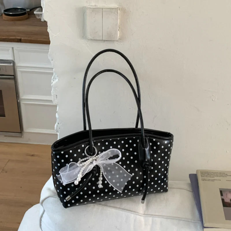 Korean Style Polka Dot For Women Elegant Underarm Bag With Pearl Bow