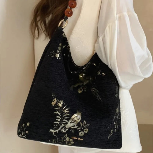 Vintage Landscape Embroidery Black Handbag