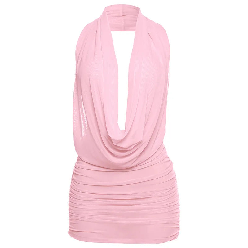 Backless Halter Mesh Mini Dress Women Cowl Neck Bodycon Tank Top