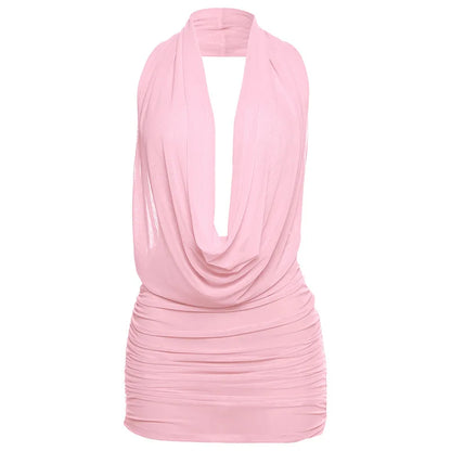 Backless Halter Mesh Mini Dress Women Cowl Neck Bodycon Tank Top