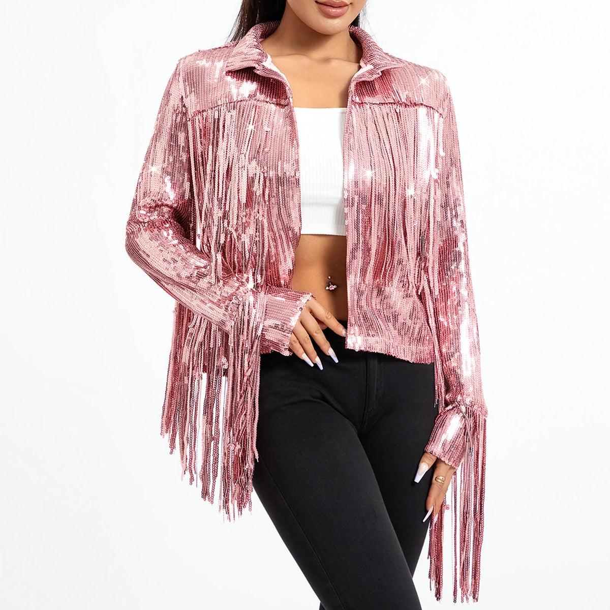 Sequin Fringe Jacket Women Sparkly Disco Outwear Long Sleeve Open Front