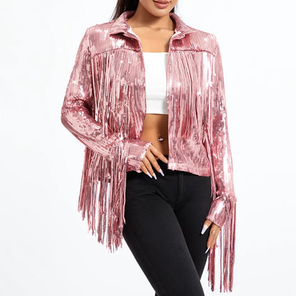 Sequin Fringe Jacket Women Sparkly Disco Outwear Long Sleeve Open Front