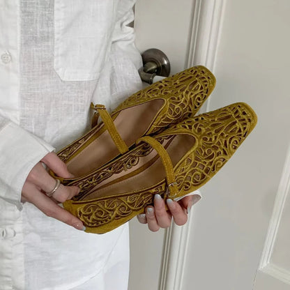 Women's Hollow-Out Flat Shoes – Elegant Square Toe Slip-On