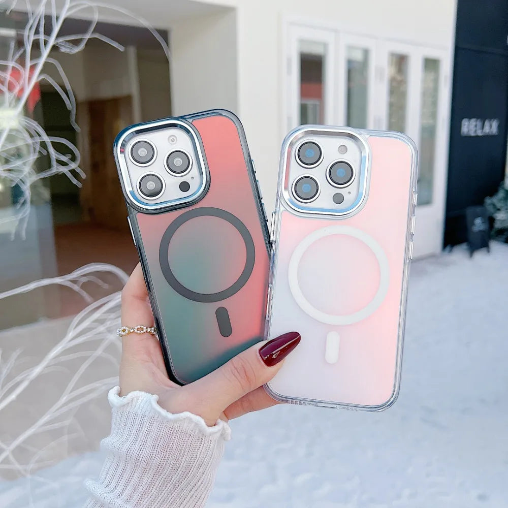 MagSafe Clear Aurora iPhone Case – Metal Lens Frame, Wireless Charging