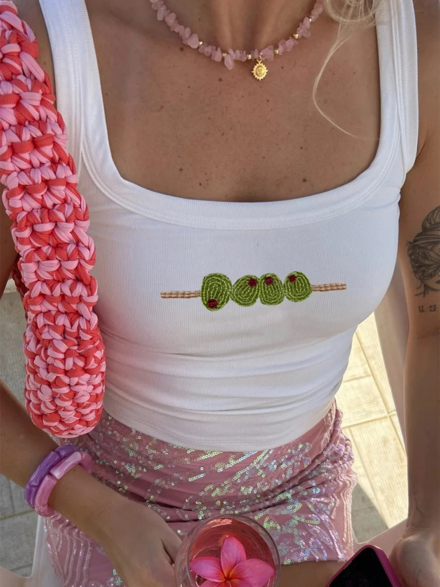 Y2K Beaded Sequin Graphic Crop Tank Top for Women