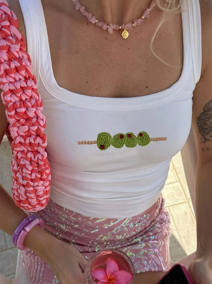 Y2K Beaded Sequin Graphic Crop Tank Top for Women