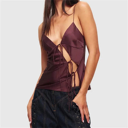 Female Satin Chic Tie Up Hollow Out Crop Top Women Summer Spaghetti Strap Backless Slim Party Tank