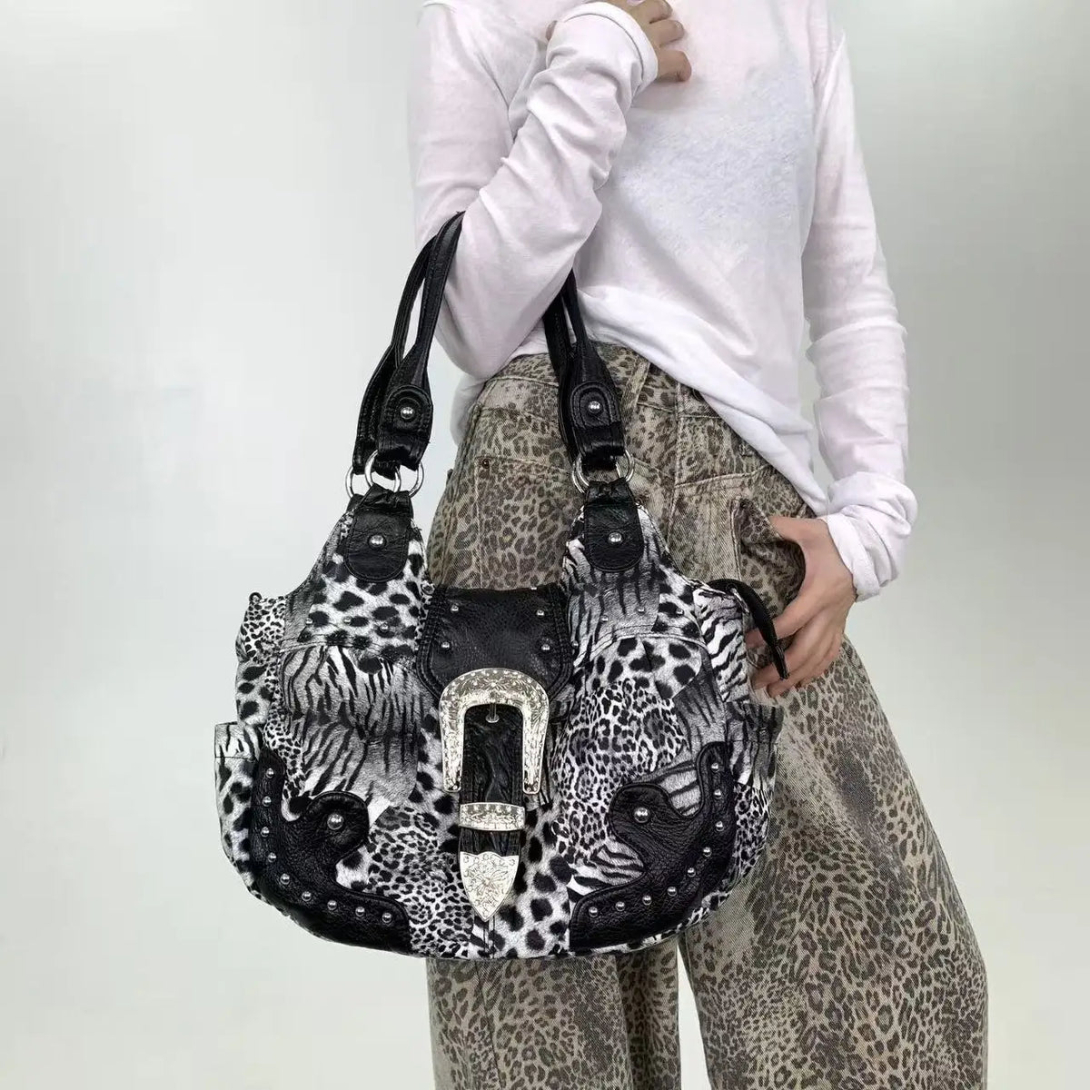 Y2K Leopard Patchwork Rivet Crossbody Tote Bag