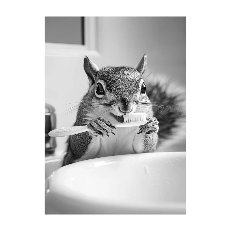 Funny Animal Bathroom Wall Art Poster – Black & White Vintage Print