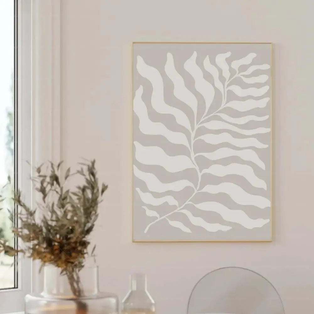 Neutral Beige Botanical Leaf Wall Art Canvas Poster – Mid-Century Minimalist Print