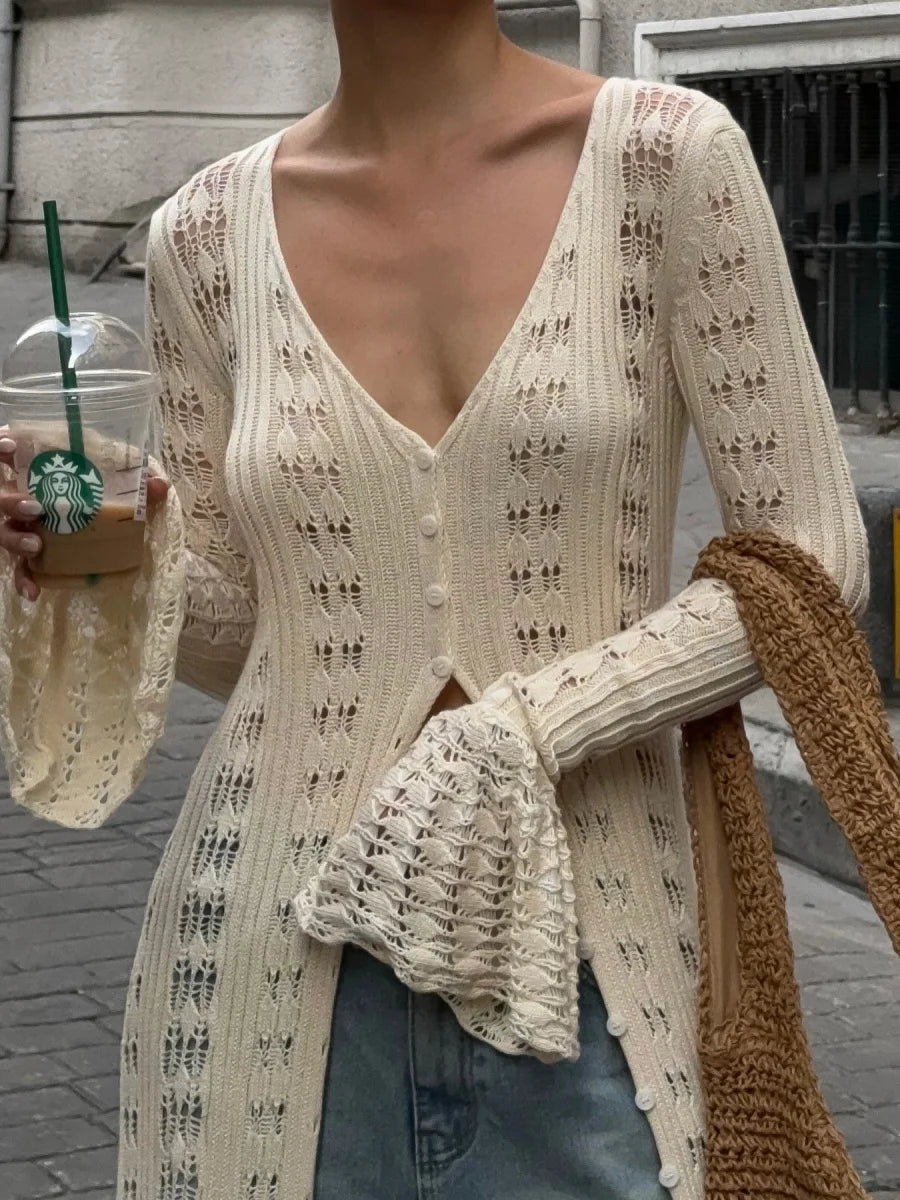 Crochet Knit Long Cardigan – Women's Flare Sleeve V-Neck Button-Up