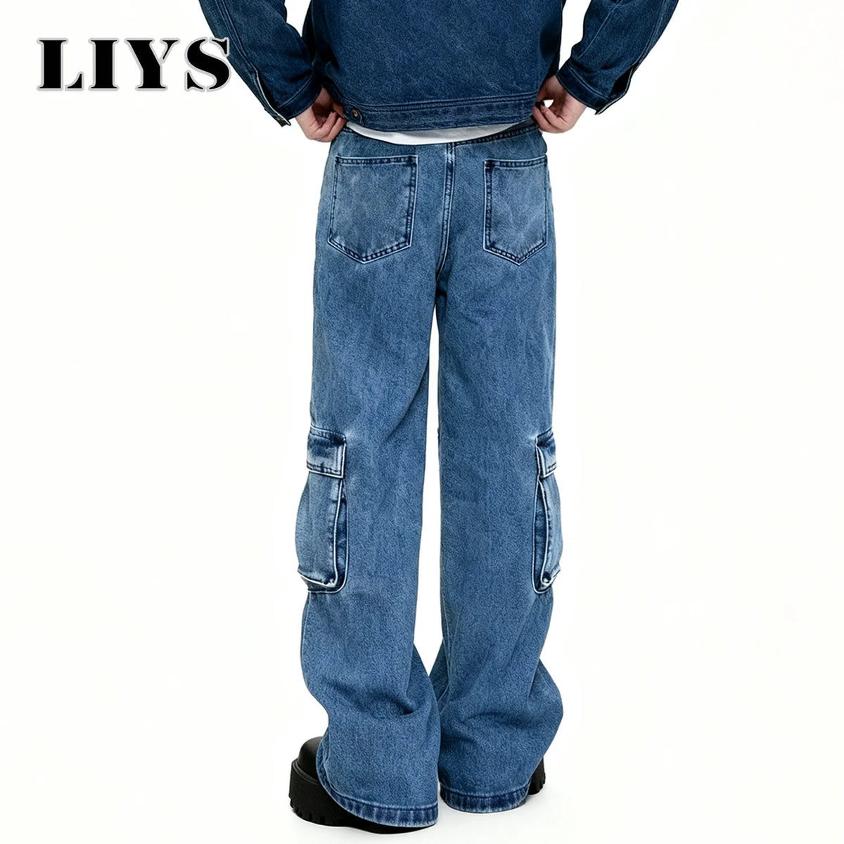 Men S Spring Blue Retro Washed Baggy Cargo Jeans Summer Male Multi Pocket Straight Tube Work Clothes