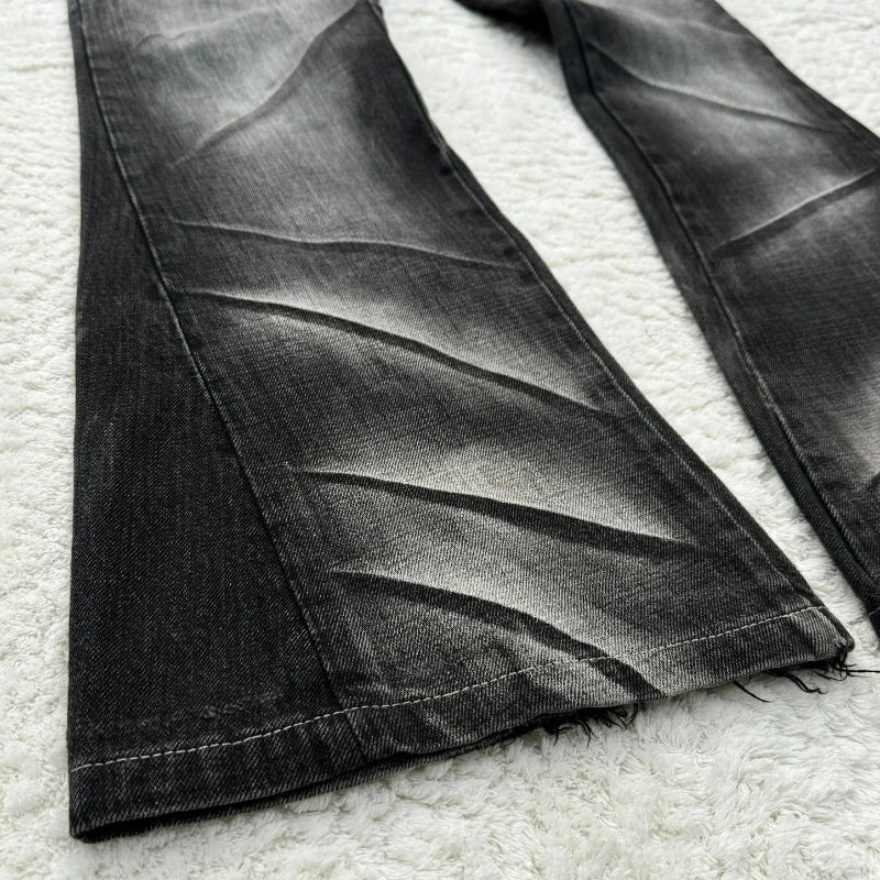 Claw Mark Flare Jeans – Y2K Gothic Lace-Up Double Waist Distressed Denim