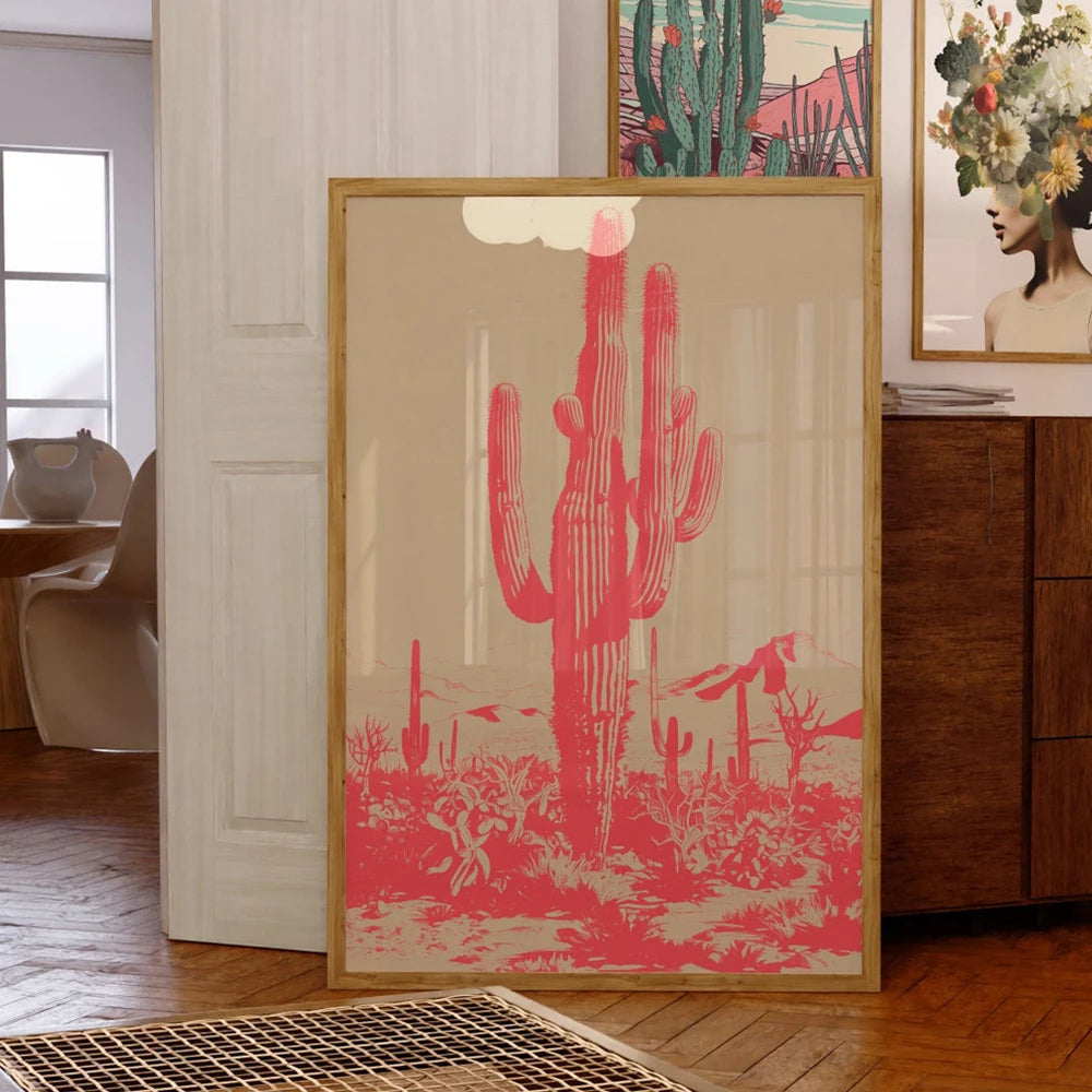 Pink Cactus Desert Wall Art Poster – Boho Canvas Print