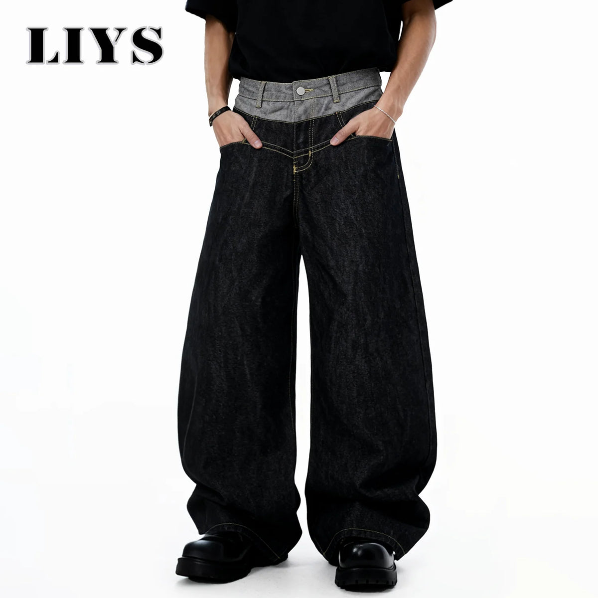 Liys Men S Retro Double Waist Design Baggy Wide Leg Jeans Street Denim Pants Gothic Loose Machete