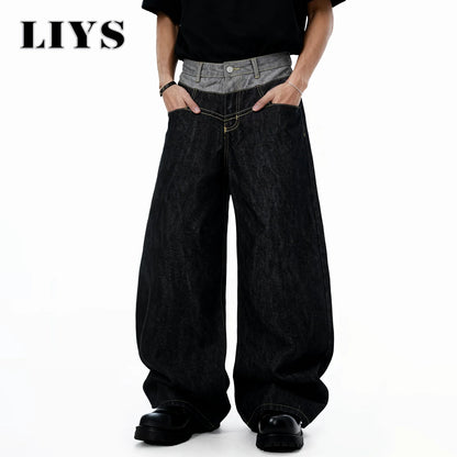 Liys Men S Retro Double Waist Design Baggy Wide Leg Jeans Street Denim Pants Gothic Loose Machete