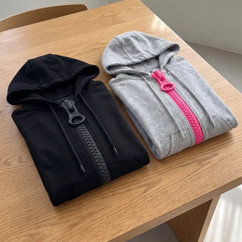 Chunky Zipper Cropped Hoodie – Harajuku Y2K Slim Fit Sweatshirt