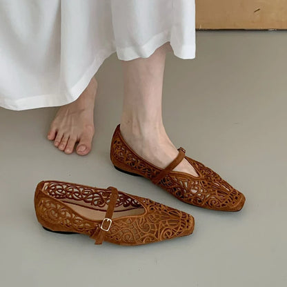 Women's Hollow-Out Flat Shoes – Elegant Square Toe Slip-On