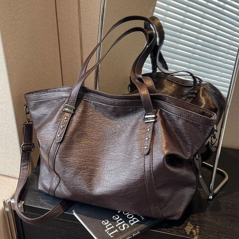 Large Sized Tote Bags For Women Soft PU Leather Pure Color