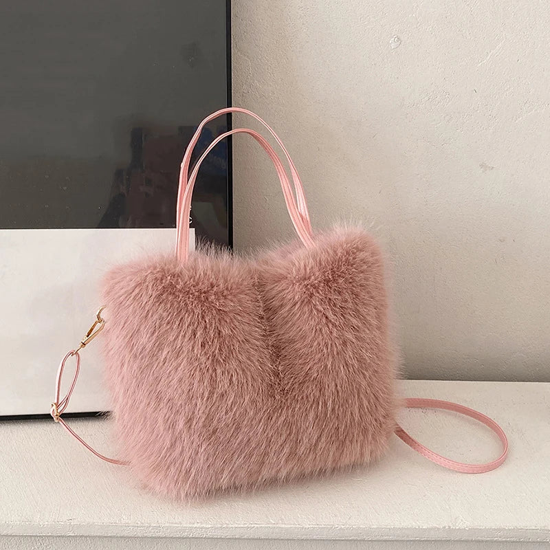Faux Fur Tote Bag Women's Bucket Plush Luxury Design Ladies Handbags