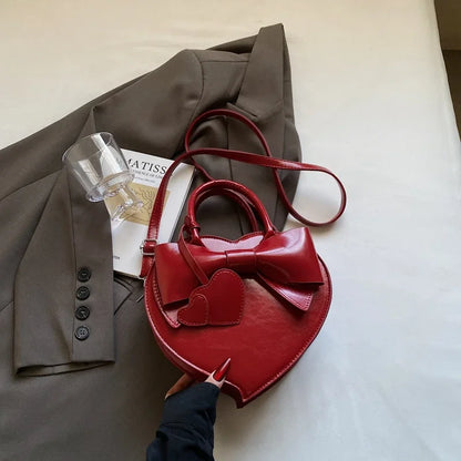 Heart-Shaped PU Leather Crossbody Bag for Women – Y2K Bow Shoulder Bag