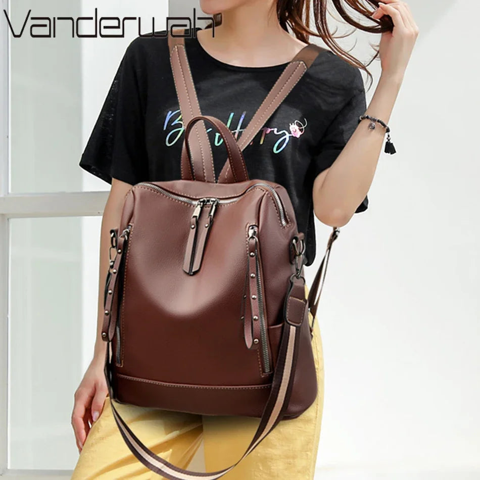 Soft Leather Women's Backpack – Waterproof Preppy Convertible Bag