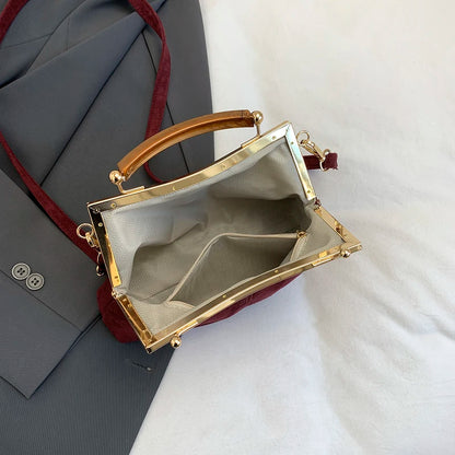 Suede Frame Bag with Wooden Handle for Women – Vintage Retro